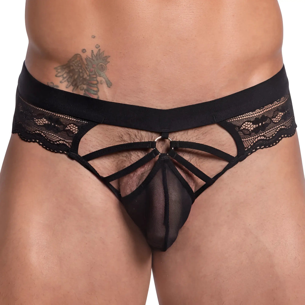 Black lace thong bikini brief with mesh front and crisscross straps from secret male smi053 collection