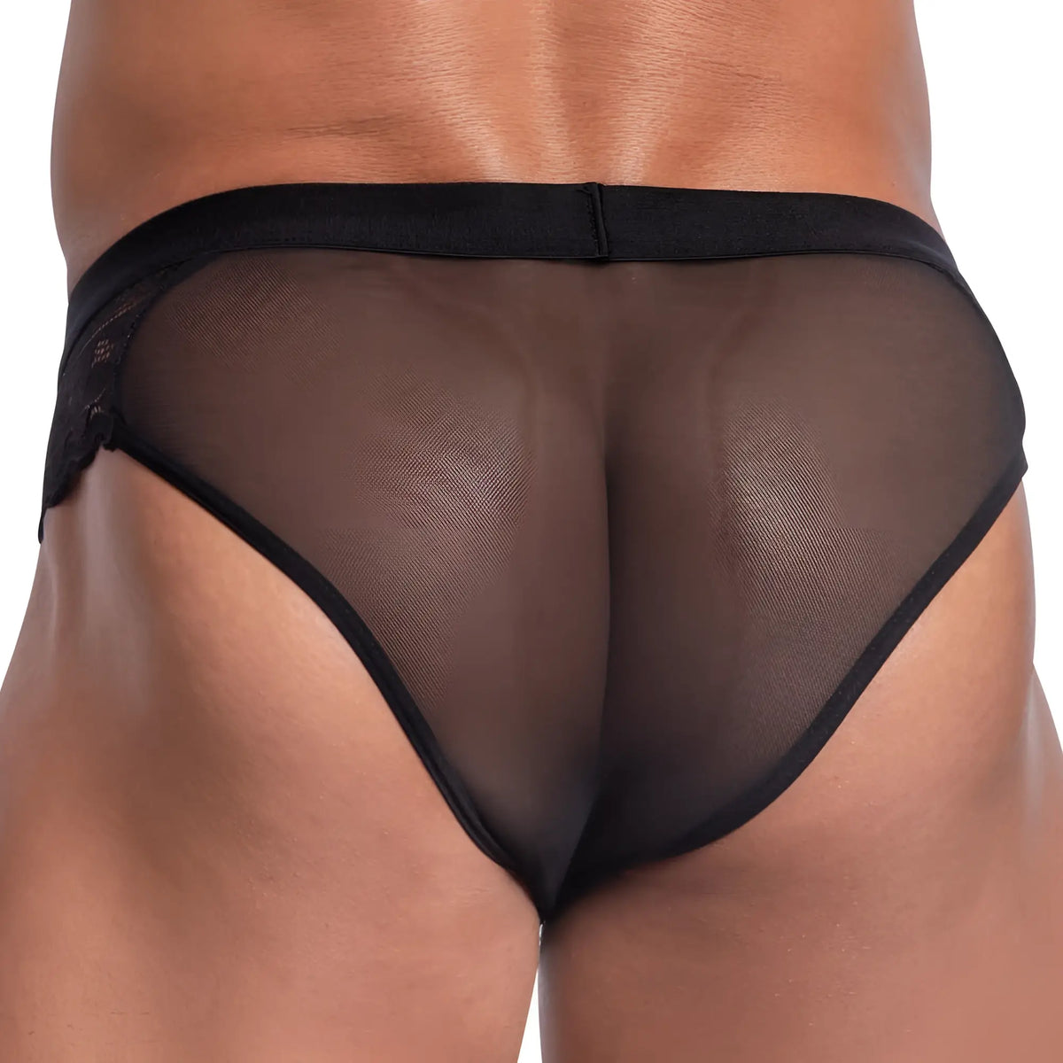 Black sheer mesh Secret Male SMI053 bikini briefs with solid waistband and lace trim visible from the back side
