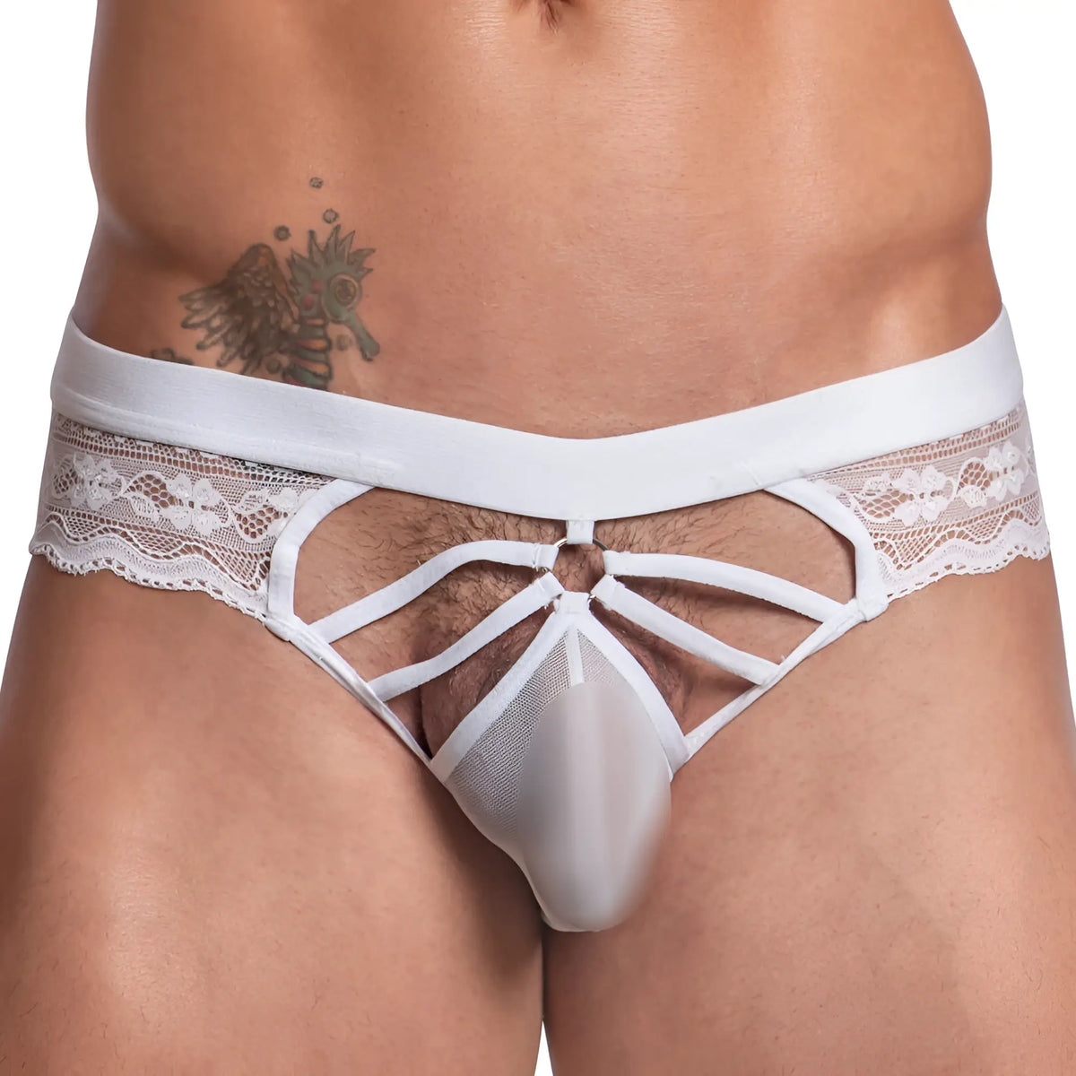 Secret male smi053 bikini brief white lace trimmed thong with sheer mesh front and crisscrossing white straps