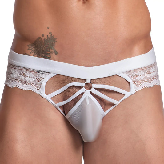Secret male smi053 bikini brief white lace trimmed thong with sheer mesh front and crisscrossing white straps