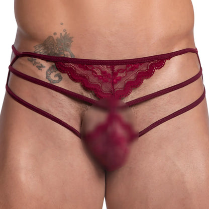 Burgundy secret male smi054 bikini brief with multiple thin straps and sheer embroidered lace thong front panel