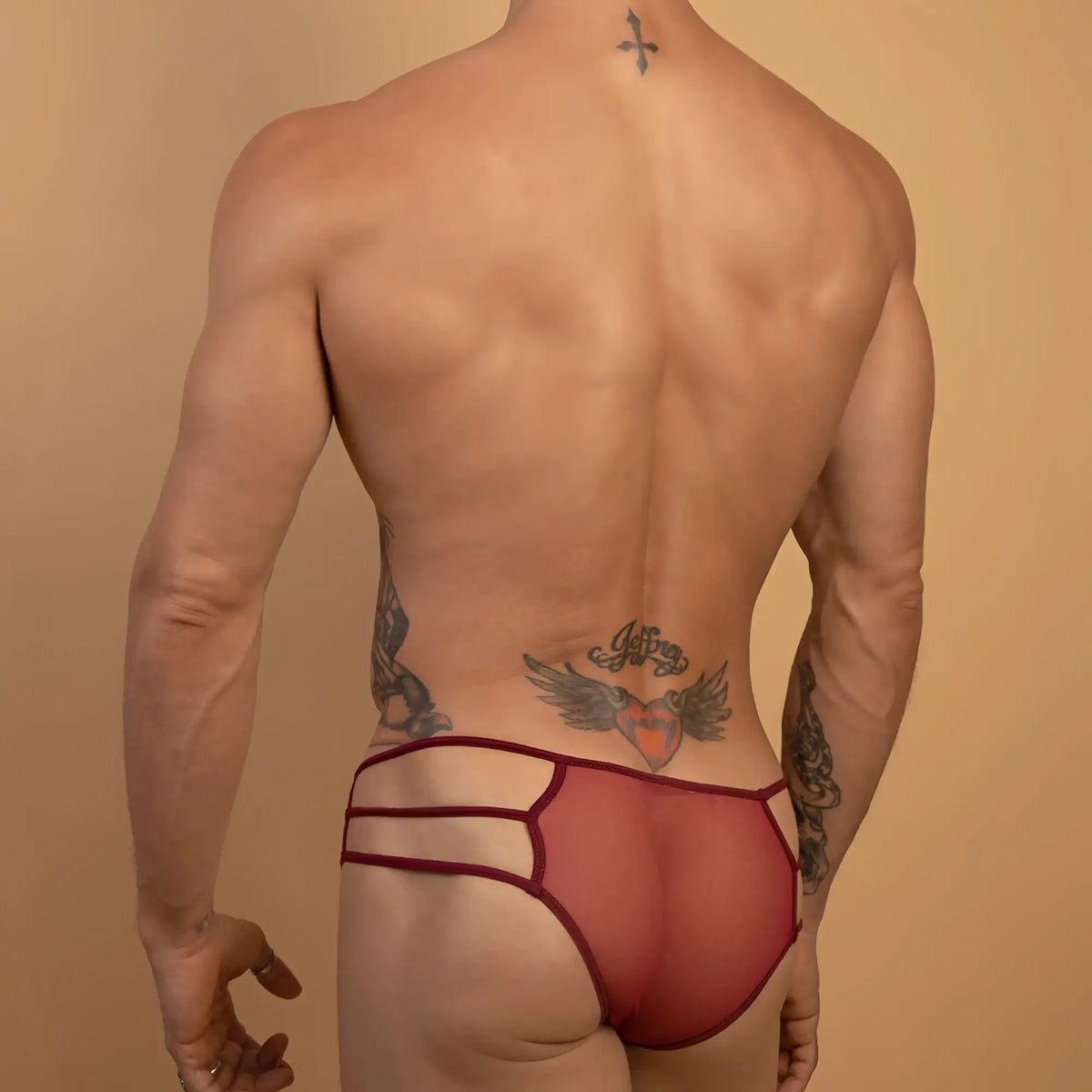 Secret male smi054 bikini brief in red sheer mesh with maroon elastic waistband and intricate cut-out detailing