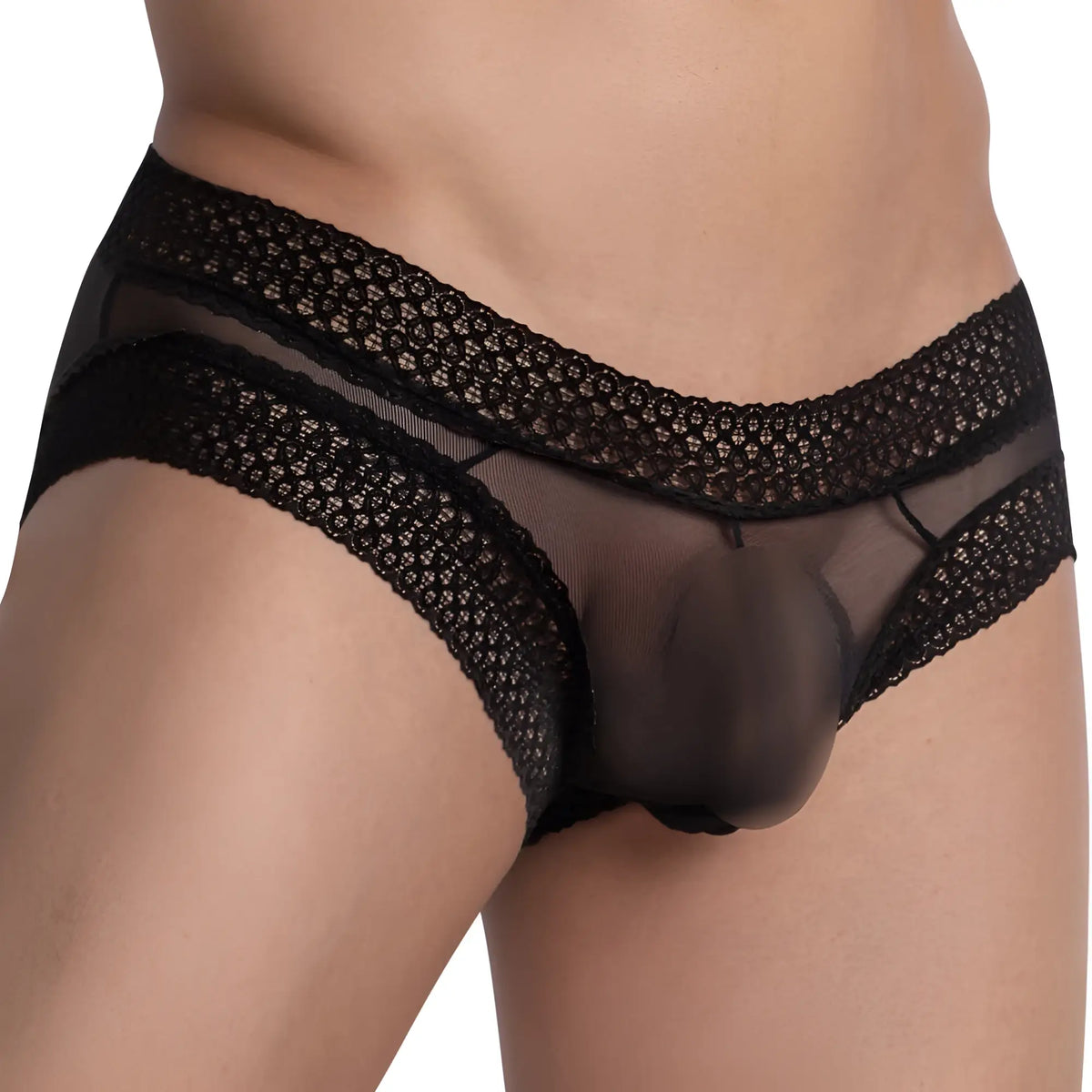 Black lace-trimmed sheer secret male smi055 bikini brief with transparent mesh and floral patterned edges