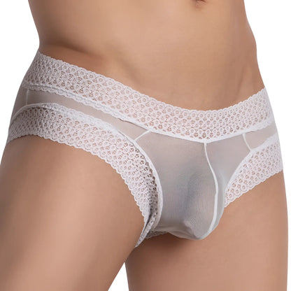 White lace-trimmed sheer mesh briefs front view from secret male smi055 bikini brief collection