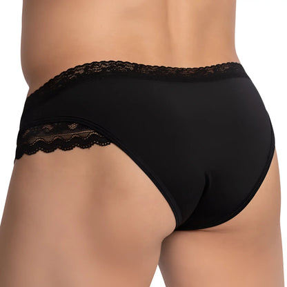 Black lace-trimmed secret male smi062 bikini briefs with smooth form-fitting fabric and scalloped edges