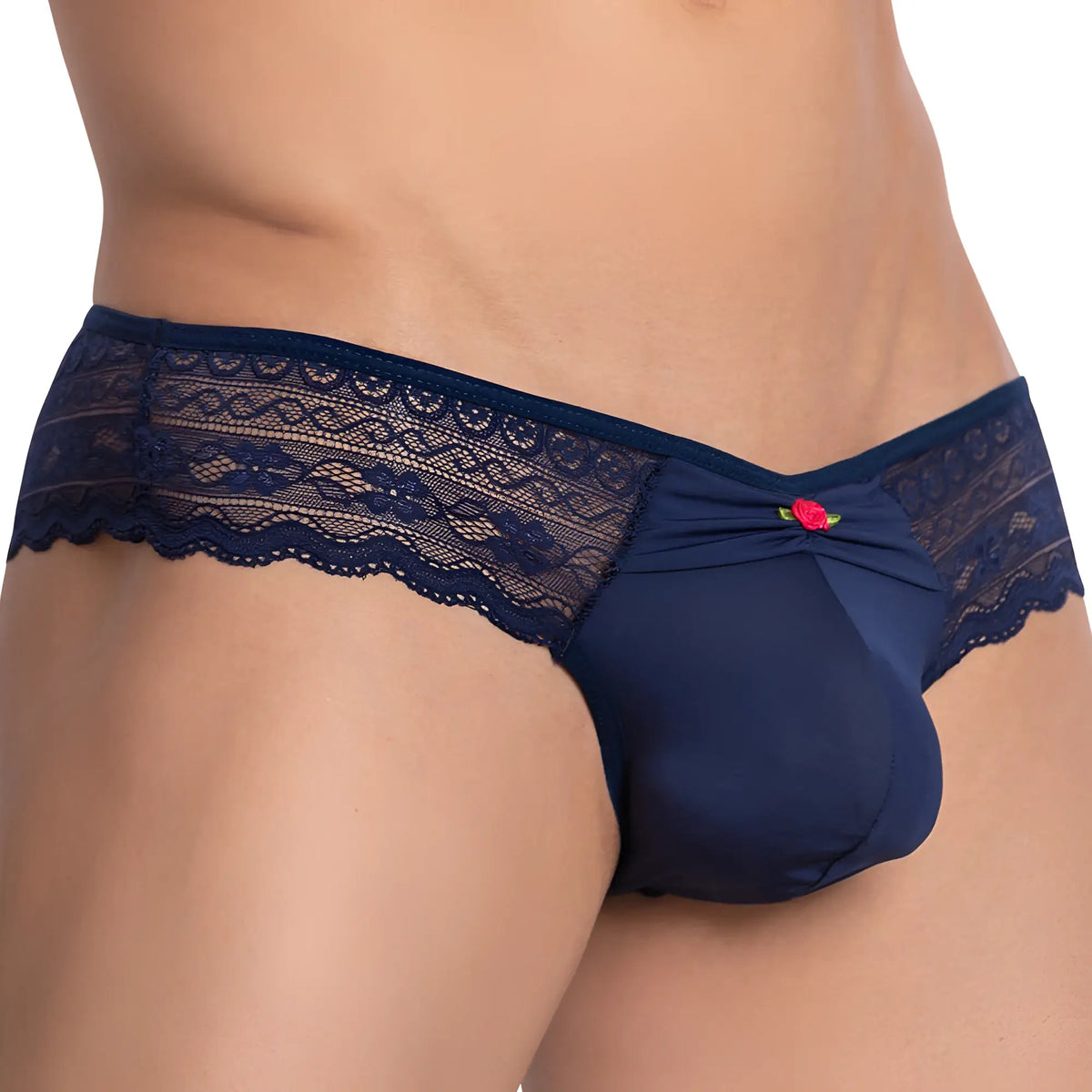 Navy blue lace trimmed menâ€™s satin front bikini briefs with red rose accent in secret male SMI064 design