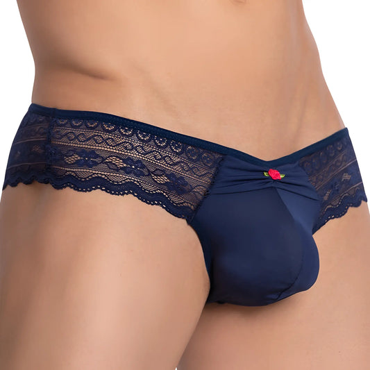Navy blue lace trimmed menâ€™s satin front bikini briefs with red rose accent in secret male SMI064 design