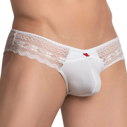 Secret male SMI064 bikini brief white lace-trimmed menâ€™s underwear with small red rose embellishment at front