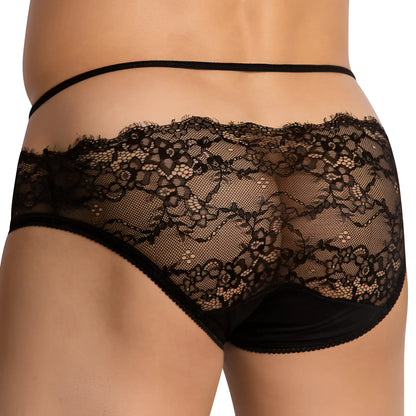 Black lace briefs secret male smi067 bikini brief with intricate floral patterns and satin-like waistband