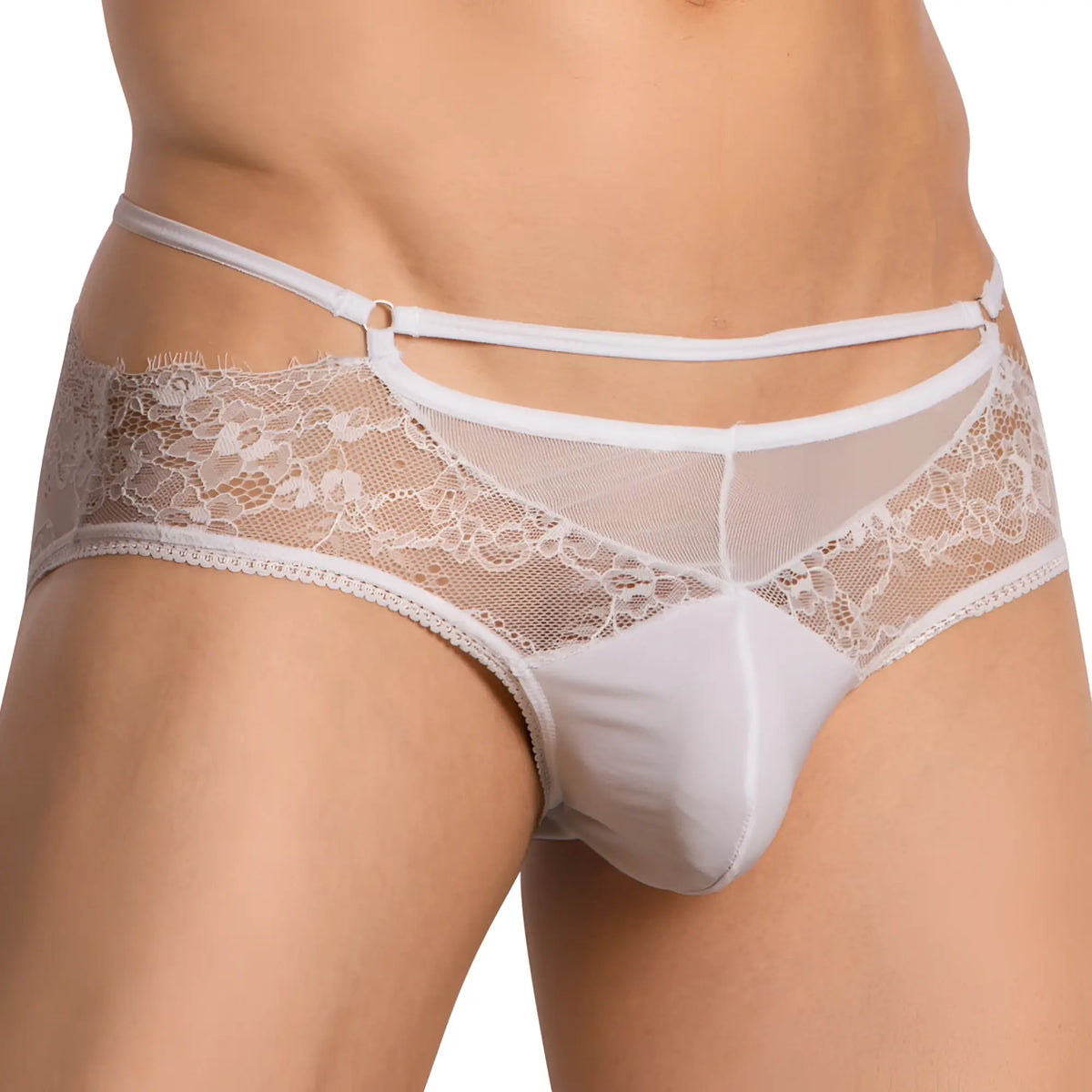 White lace-trimmed menâ€™s bikini brief with sheer mesh panel and adjustable waistband in secret male smi067 design