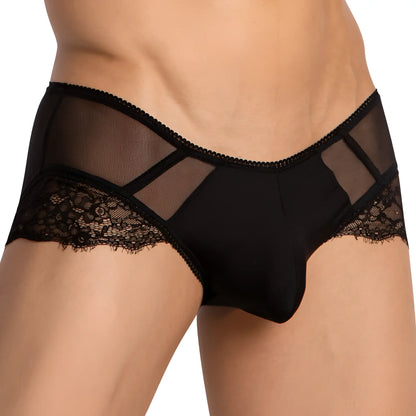 Black lace-trimmed mesh bikini briefs in smooth form-fitting design from secret male smi068 collection