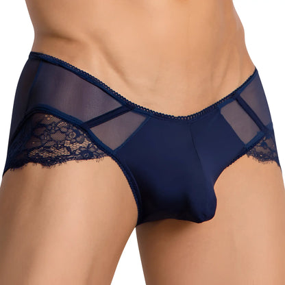 Navy blue lace-trimmed mesh briefs with a sheer structured design from secret male smi068 bikini brief collection