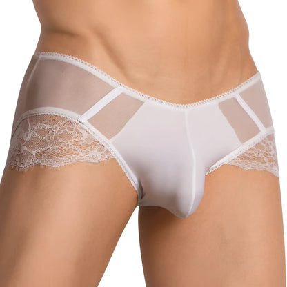White lace-trimmed mesh secret male smi068 bikini brief with sheer form-fitting design
