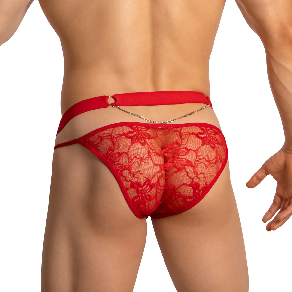 Red lace thong bikini with matching belt and chain detail from secret male smi069 collection front view