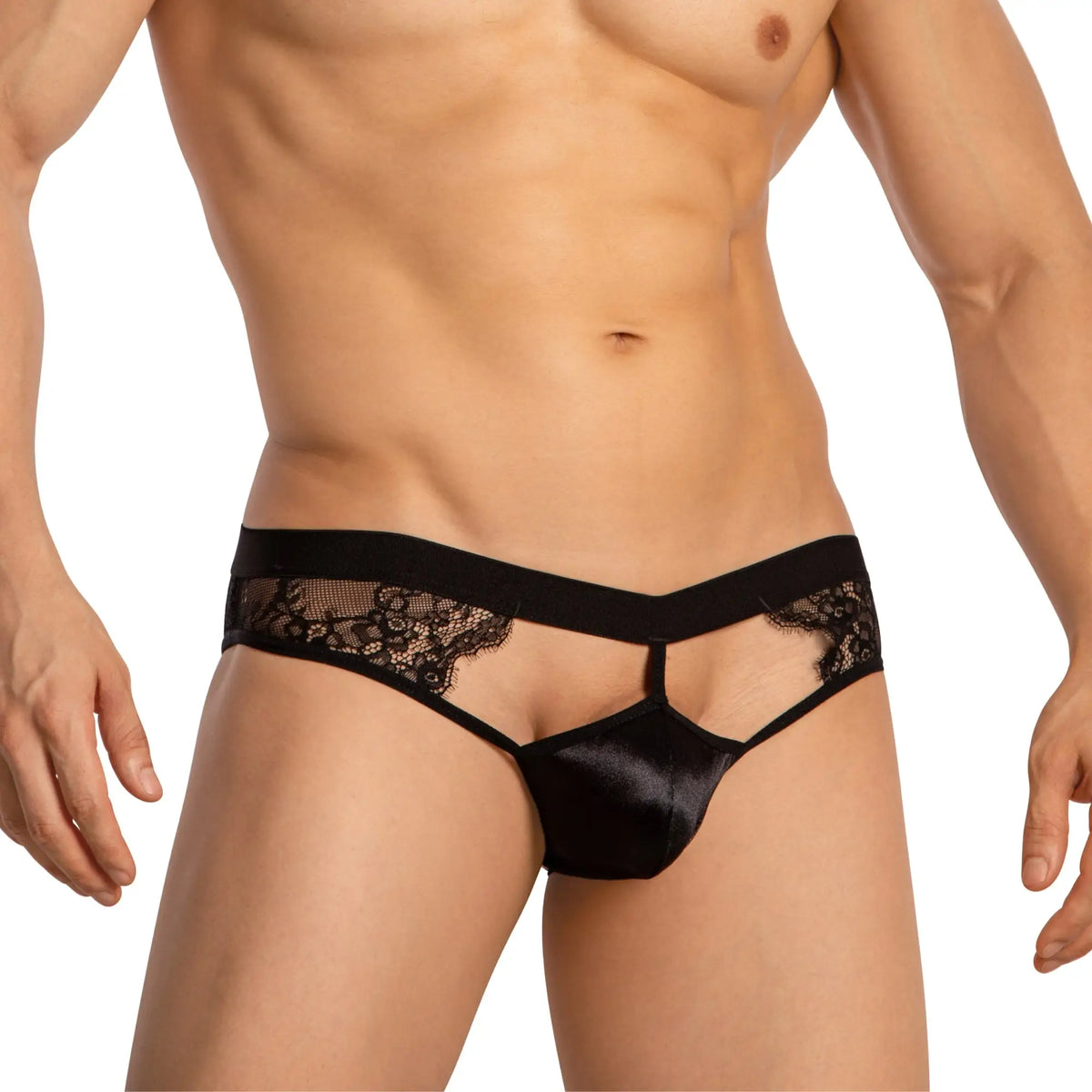 Black lace-trimmed satin thong with central cutout and elastic waistband from secret male smi070 bikini collection