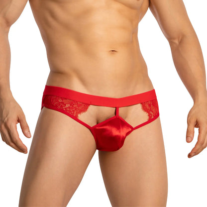 Red satin and lace menâ€™s thong with a bold sensual design in the secret male smi070 bikini style