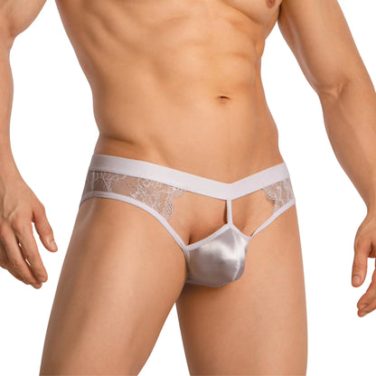 Silver satin thong bikini with white lace trim and cut-out design from secret male smi070 collection