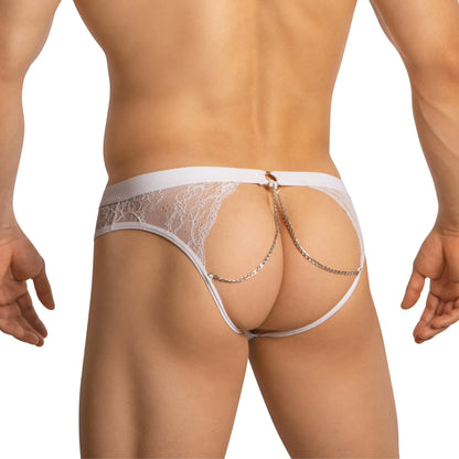 White lace thong bikini with gold chain detail from secret male smi070 highlighting delicate lace material