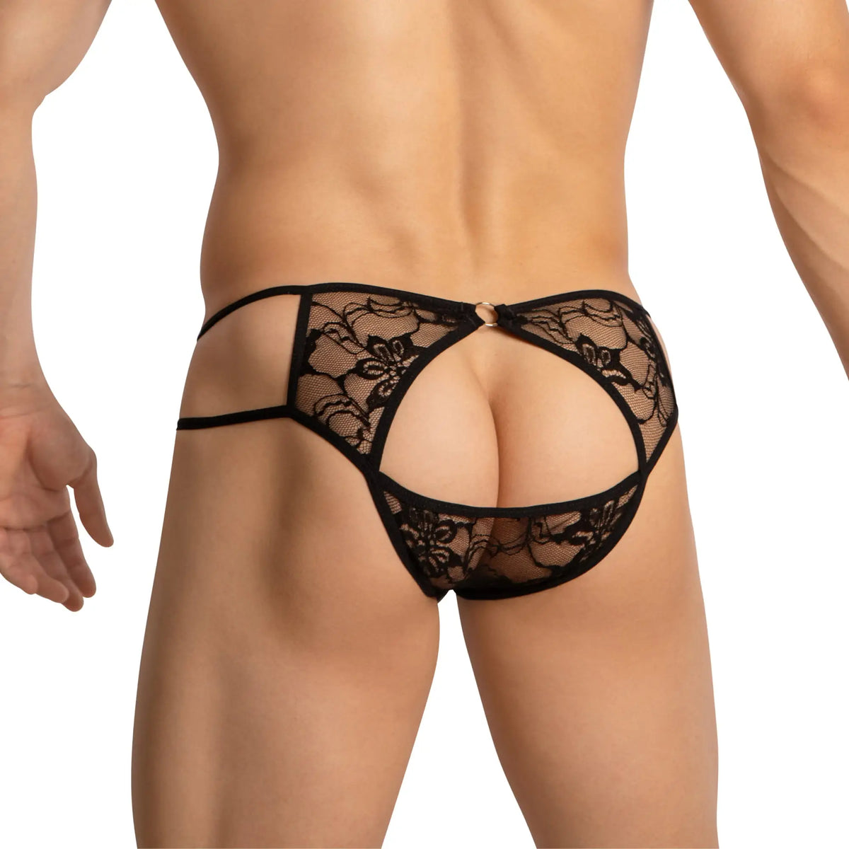 Black lace thong bikini with floral patterns and central metal clasp from secret male smi071 collection