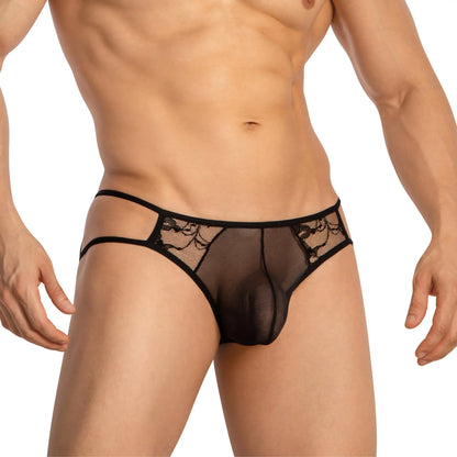 Black lace-trimmed sheer mesh briefs secret male smi071 bikini with transparent form-fitting design