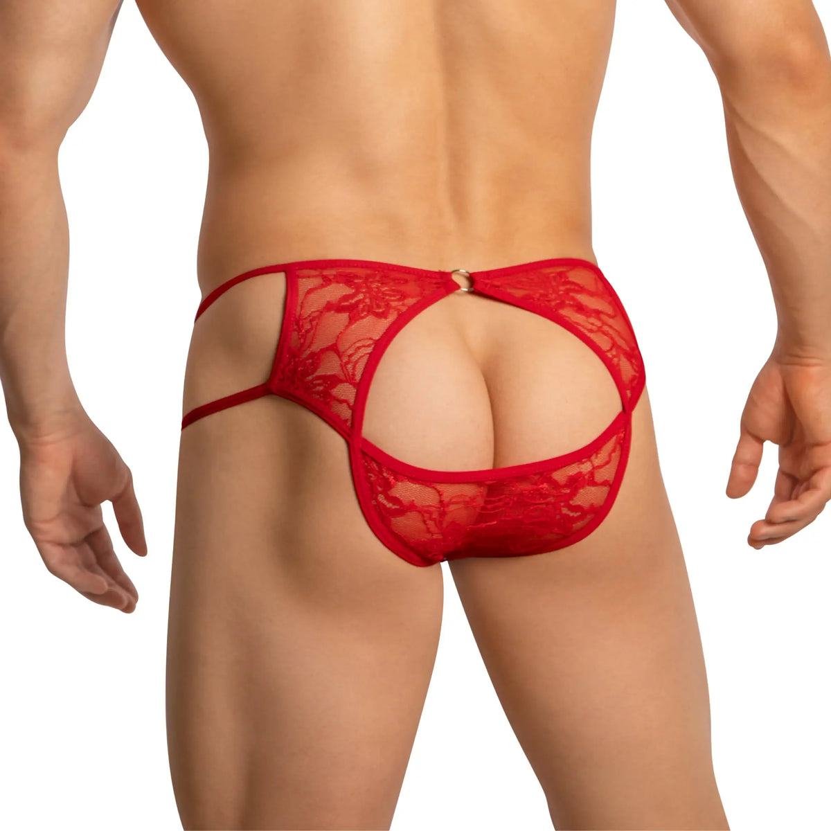 Red lace thong bikini secret male smi071 with floral pattern and open back design shown from the back side