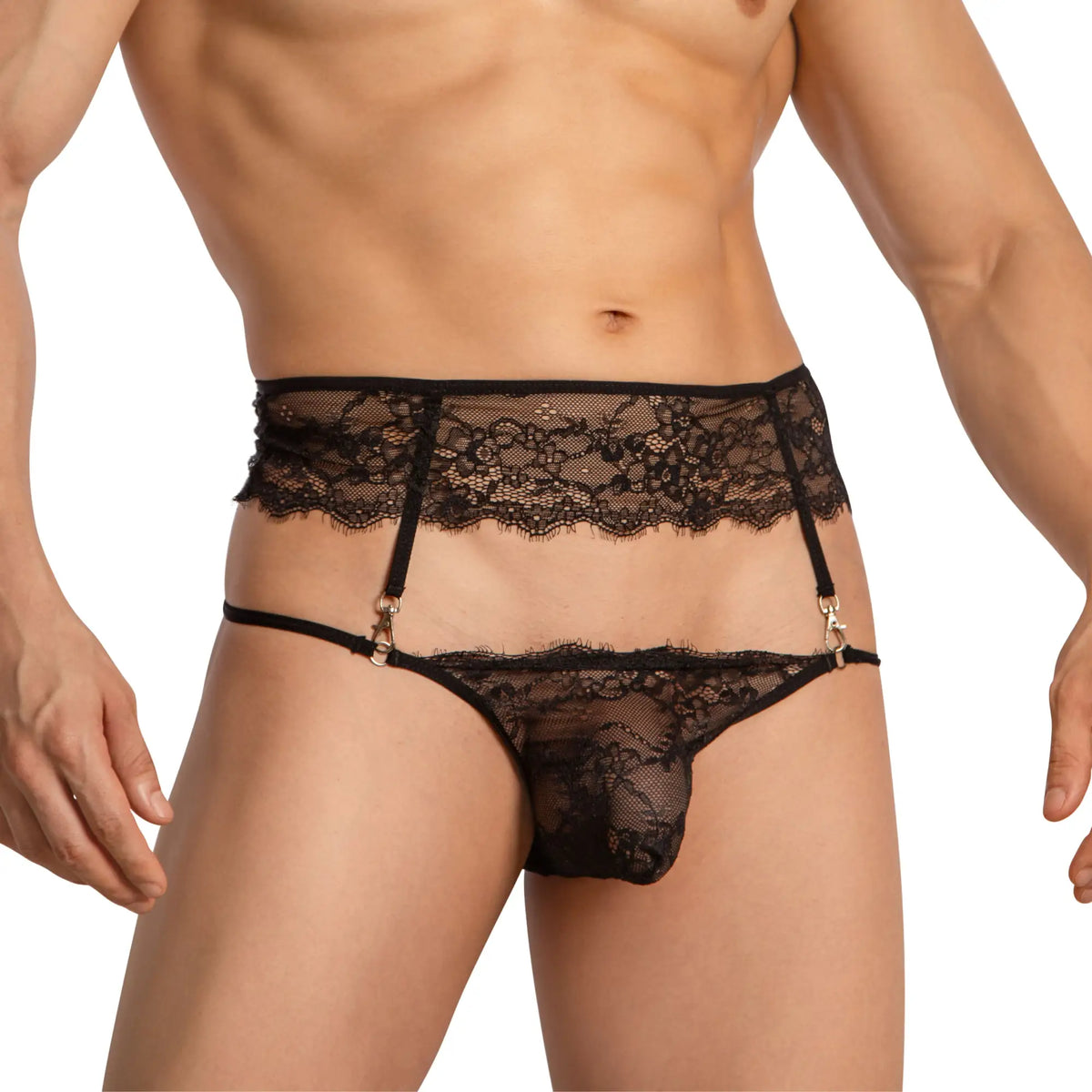 Black lace thong bikini with adjustable garter straps and metallic clasps from secret male smi072 collection