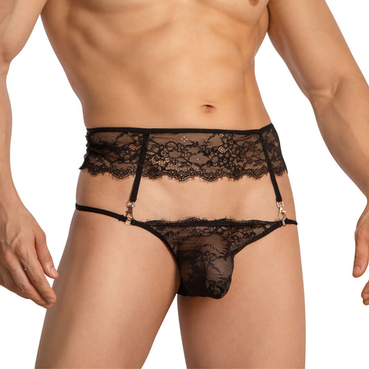 Black lace thong bikini with adjustable garter straps and metallic clasps from secret male smi072 collection