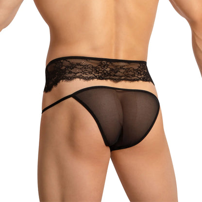 Black lace-trimmed sheer mesh briefs in the secret male smi072 bikini styled for a sleek and sexy look