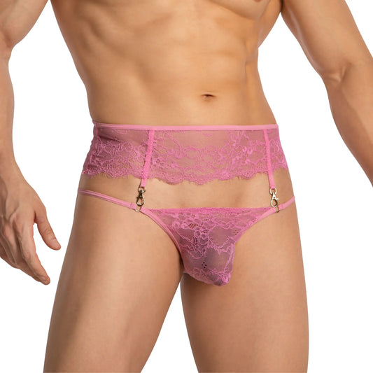 Pink lace thong bikini with garter straps and gold toned clasps from secret male smi072 collection