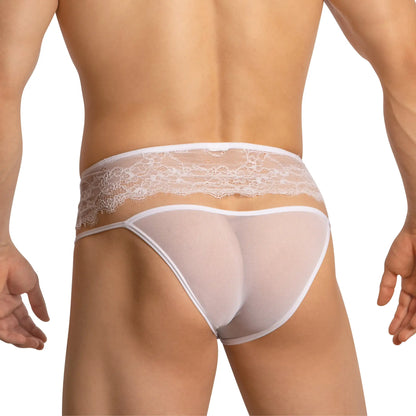 White lace-trimmed mesh briefs in secret male smi072 bikini style featuring sheer material and delicate lace detailing