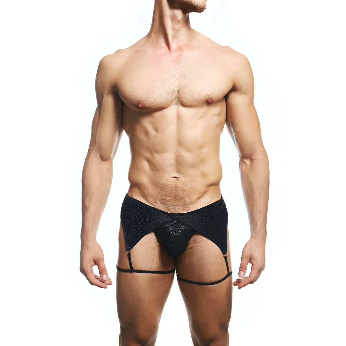 Black lace garter belt with textured shimmering fabric and adjustable straps from secret male smi075 bikini collection