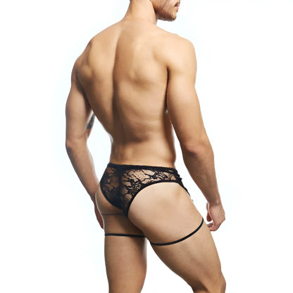 Black lace thong with matching thigh-high garter straps in secret male smi075 bikini shown from the back