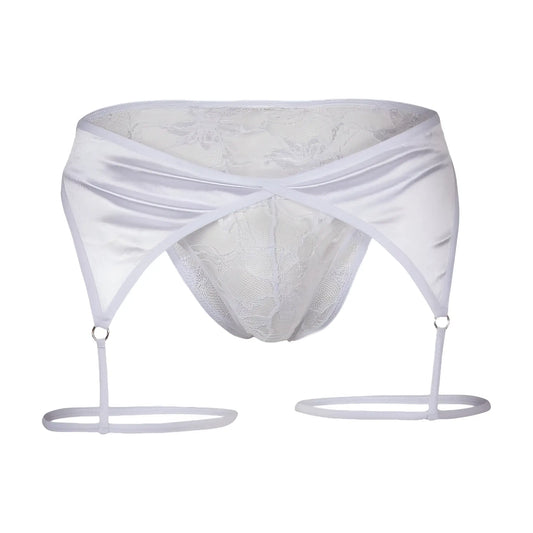 White lace and satin garter belt with adjustable straps from secret male smi075 bikini collection