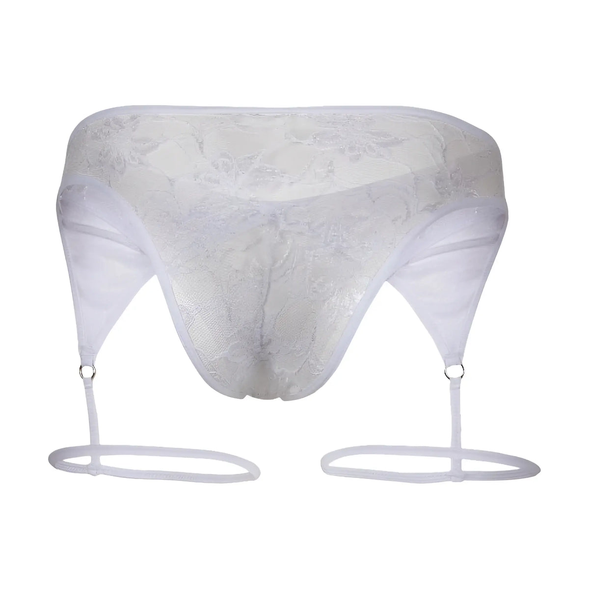 White lace thong bikini with attached garter straps for men from secret male smi075 in a front view