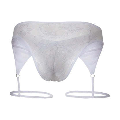White lace thong bikini with attached garter straps for men from secret male smi075 in a front view