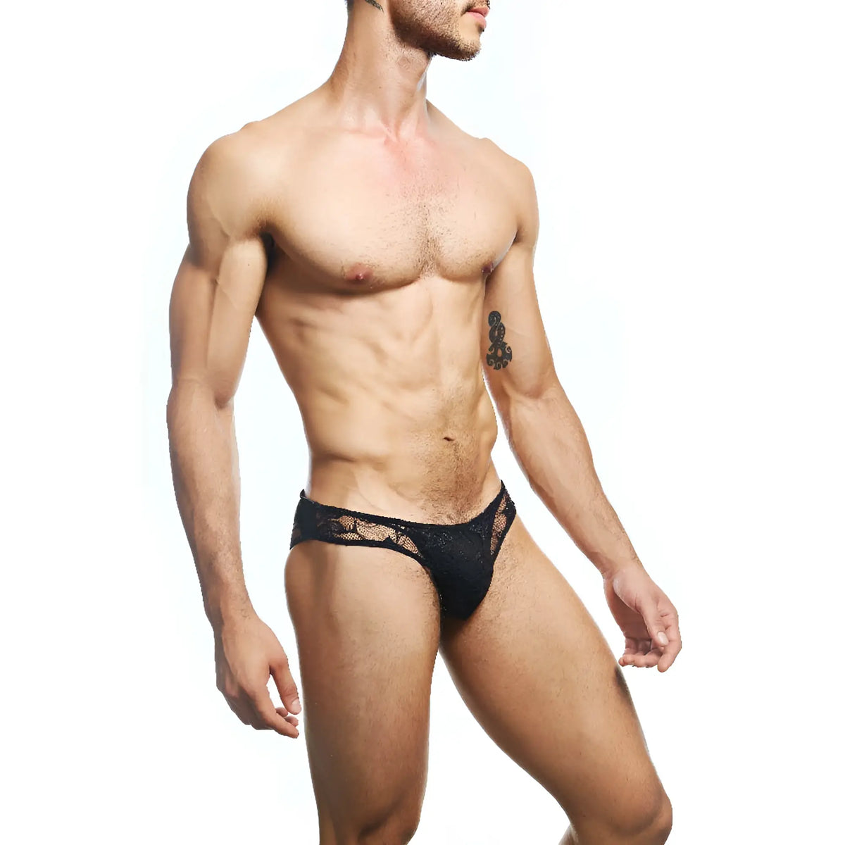 Black lace menâ€™s briefs secret male smi076 bikini featuring a delicate intricate pattern in black lace