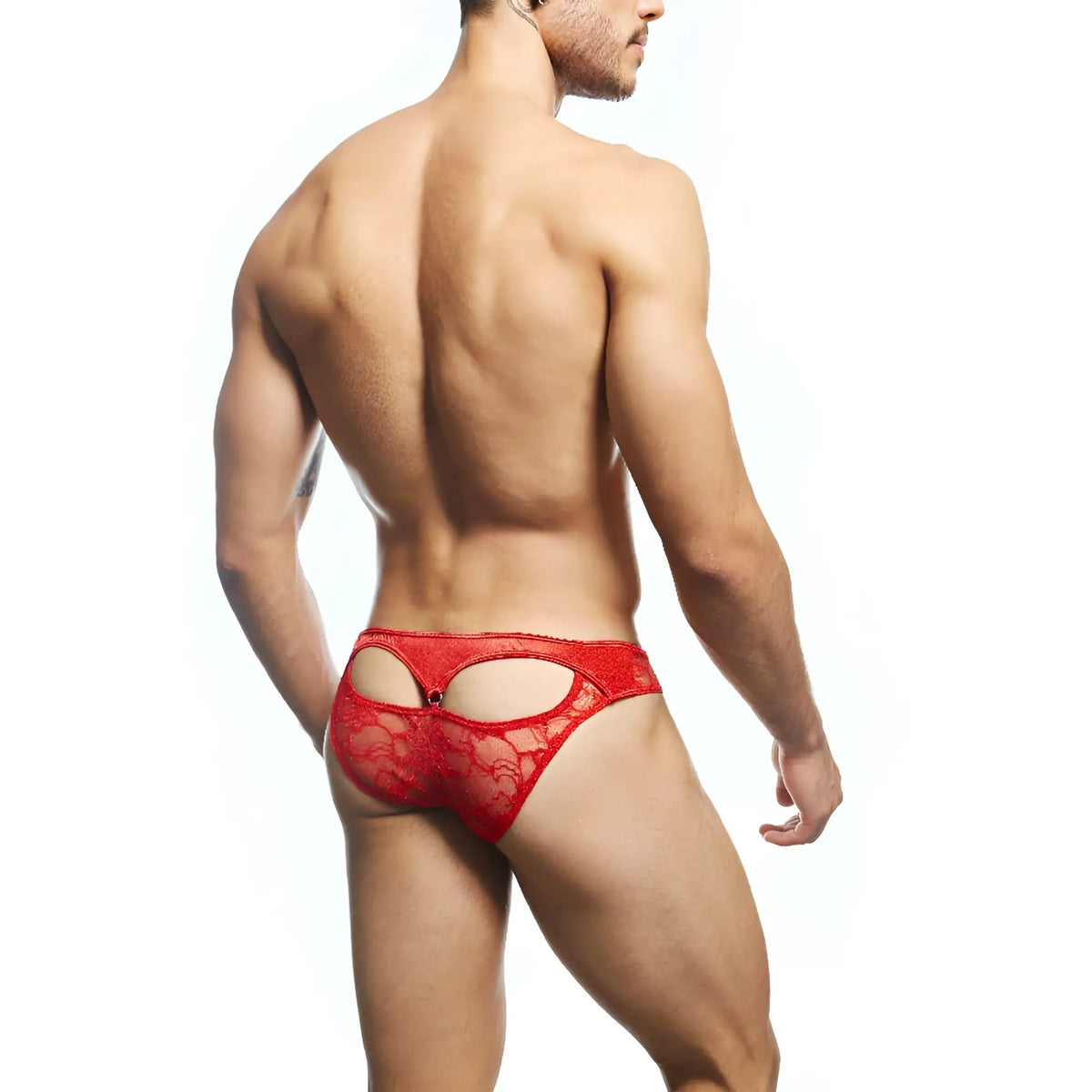 Red lace briefs with cutout back design showing backside in secret male smi076 bikini style