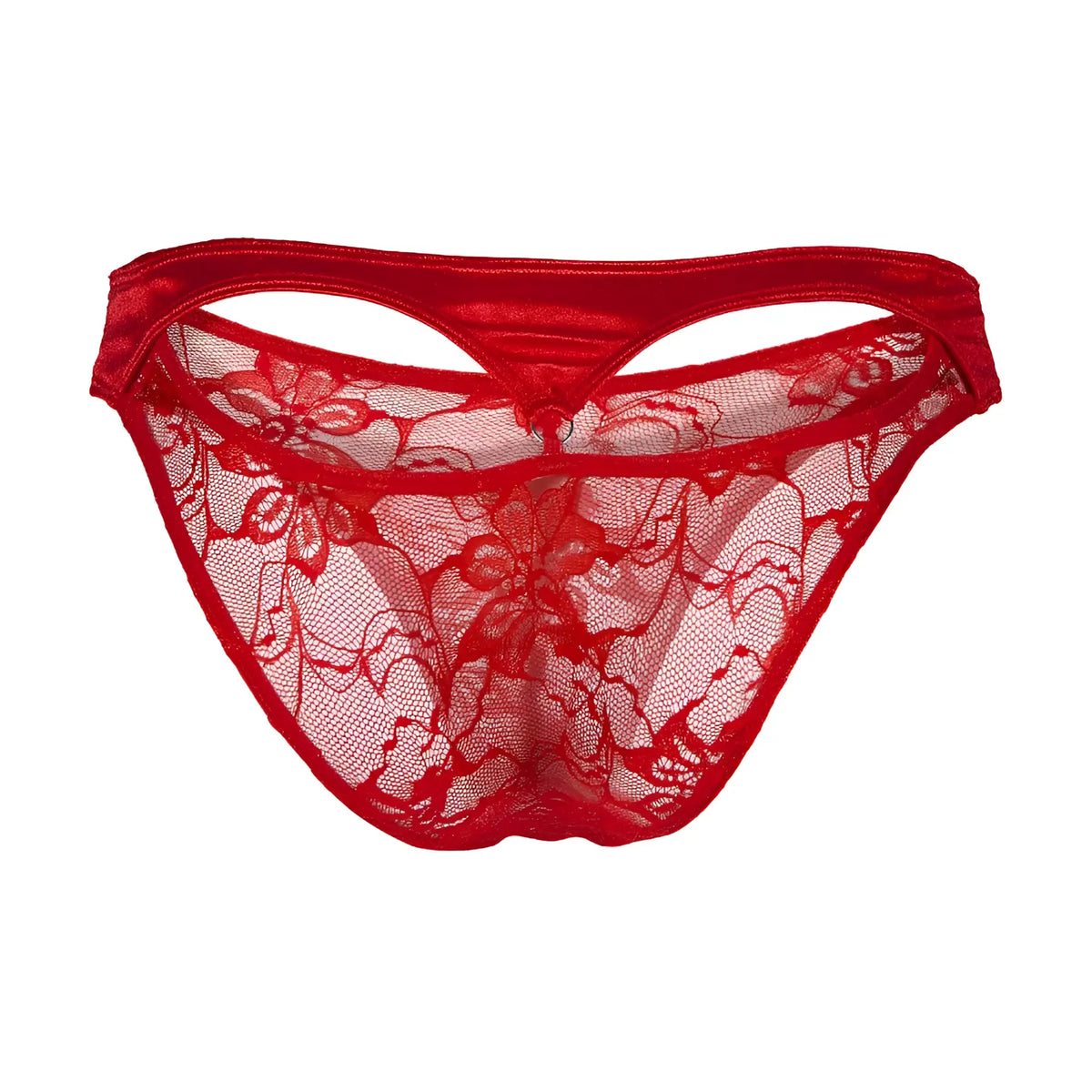 Secret male SMI076 bikini red lace thong with floral pattern and satin trim shown from the back side