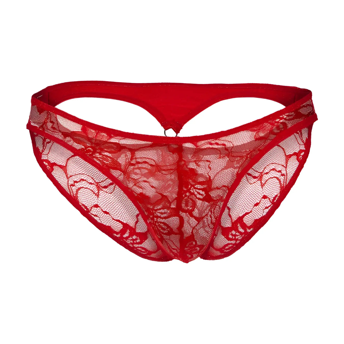 Secret male SMI076 bikini red lace thong with floral pattern and solid red waistband front view