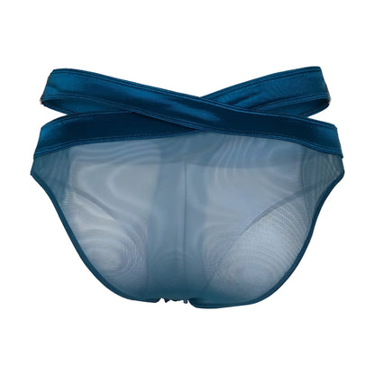 Deep blue satin-trimmed mesh briefs with cross-back design shown from the back in secret male smi077 bikini style