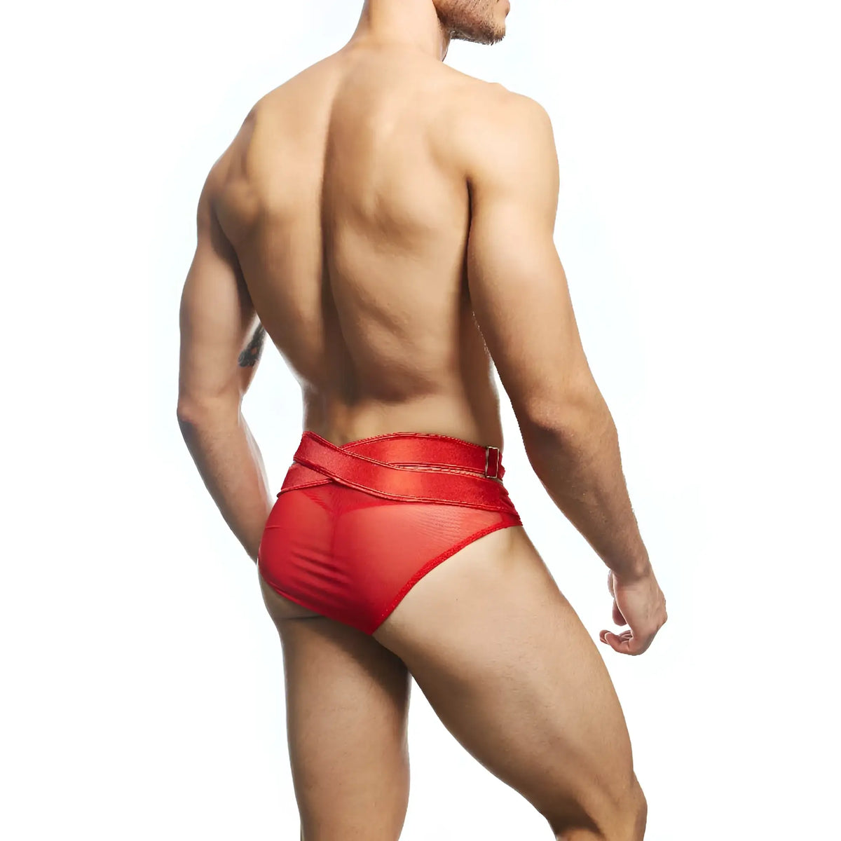 Red mesh briefs secret male smi077 bikini with satin finish and adjustable belt front view