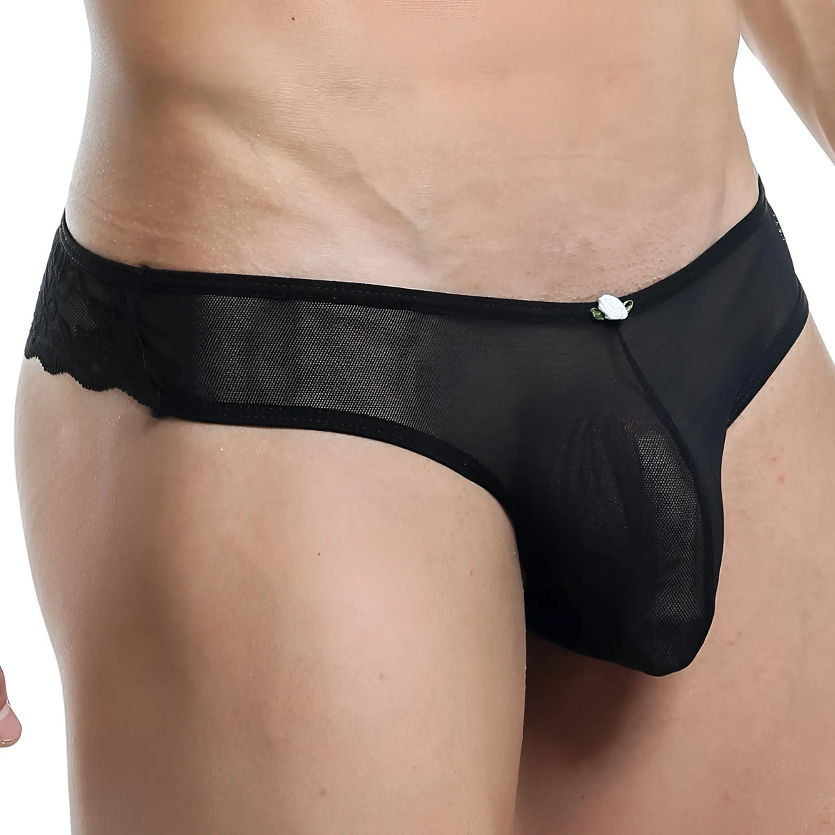 Black sheer mesh thong with lace trim and small white clasp from secret male smk006 collection