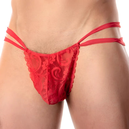 Red lace thong secret male SMK008 with intricate floral patterns and thin matching straps shown from the back side