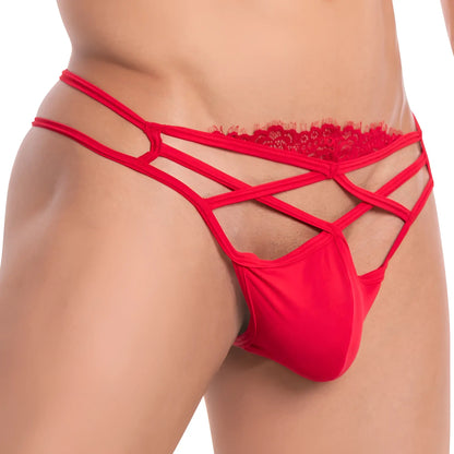 Secret male SMK010 thong in red lace with crisscross elastic straps and solid fabric pouch front view