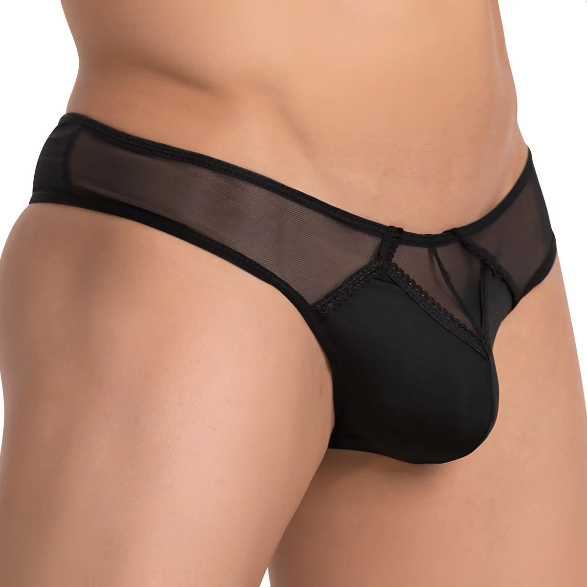 Black sheer mesh thong bikini brief with solid pouch and lace trim from secret male smk012 collection