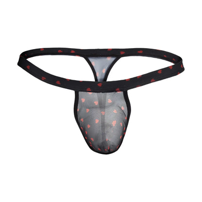 Black mesh male thong with red heart patterns from secret male smk022 flower laced thong with hearts collection