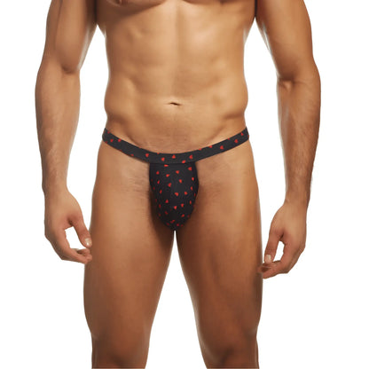 Black thong with red heart pattern featuring flower lace from secret male smk022 shown from the back side