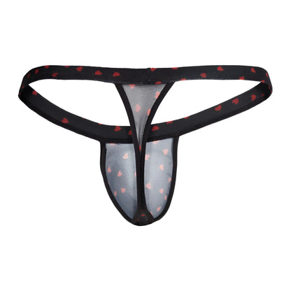 Black thong with red heart patterns on sheer mesh fabric from secret male smk022 flower laced thong with hearts collection