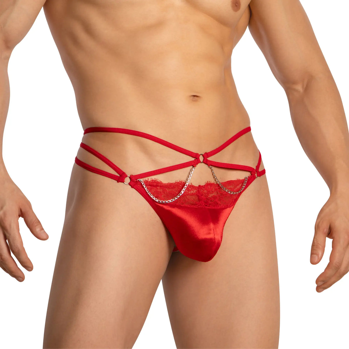 Red satin thong with lace trim and chain detail from secret male sml028 g-string showing front view
