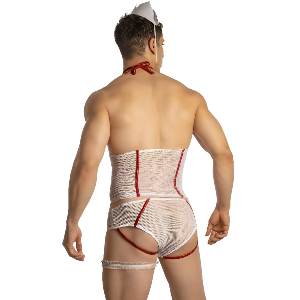 White mesh nurse costume with red trim and matching white cap from secret male smt001 set for costume use